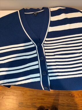 Express Navy and White Striped Button Cardigan